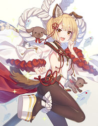  :d animal_ears backless_outfit bare_shoulders blonde_hair blush braid breasts brown_pantyhose canine commentary_request detached_sleeves dog_ears dog_girl dog_tail erune female fish granblue_fantasy hair_ornament japanese_clothes jiman looking_at_viewer open_mouth pantyhose puppy revision rope shimenawa short_hair small_breasts smile solo tail vajra_(granblue_fantasy) wide_sleeves 