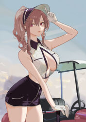  arm_up azur_lane bare_shoulders black_hat black_skirt blue_sky breasts brown_hair cleavage clemenceau_(azur_lane) clemenceau_(splendid_breeze)_(azur_lane) closed_mouth cloud collarbone collared_shirt commentary_request cowboy_shot crescent crescent_earrings crop_top day earrings echo_(lowlow808) female gloves golf_cart golf_club hair_between_eyes hat highres holding holding_golf_club jewelry large_breasts long_hair looking_to_the_side midriff motor_vehicle official_alternate_costume outdoors partial_commentary pencil_skirt red_eyes shirt sidelocks signature skirt sky sleeveless sleeveless_shirt solo standing steering_wheel twitter_username visor_cap white_gloves white_shirt 