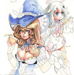  2girls blue_eyes blue_headwear blue_skirt boots breasts brown_hair cleavage cleavage_cutout clothing_cutout colored_pencil_(medium) commentary dress english_commentary food fruit genshin_impact gloves green_eyes grey_hair hair_between_eyes halo hat holding holding_food holding_fruit holding_skewer lisa_(genshin_impact) long_hair looking_at_viewer medium_breasts medium_hair multiple_girls paimon_(genshin_impact) parted_lips philiera single_thighhigh skewer skirt smile sunsettia_(genshin_impact) thighhighs traditional_media unfinished white_background white_dress white_footwear white_gloves white_thighhighs witch_hat 