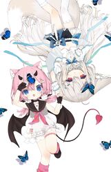  2girls absurdres ahoge animal_ear_fluff animal_ears bare_shoulders black_gloves black_sailor_collar black_wings blue_eyes brown_eyes cape cat_ears cat_girl closed_mouth commentary commission commissioner_upload crop_top demon_girl demon_tail demon_wings dress ears_down eyebrows_hidden_by_hair fingerless_gloves fox_ears fox_girl gloves hair_between_eyes hair_over_shoulder highres horns large_ears long_hair low_twintails midriff mirukutarou multiple_girls nail_polish navel original pink_hair pink_nails red_eyes sailor_collar sailor_dress sakurada_hane sakurada_shiro_(hy_plus) sakurada_shiro_(summer)_(hy_plus) short_hair skeb_commission sleeveless sleeveless_dress tail tied_hair twintails very_long_hair white_cape white_hair wings wrist_cuffs 