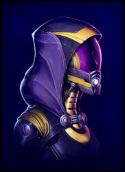  alien breasts female from_side glowing helmet hood looking_ahead mass_effect_(series) mass_effect_3 medium_breasts portrait purple_background q-thorn quarian solo tali&#039;zorah upper_body visor 