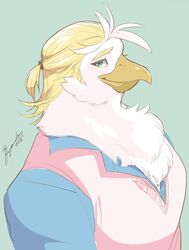  accipitrid accipitriform anthro avian beak bird blonde_hair bust_portrait eagle fuyoudo624 hair hi_res lifewonders male muscular muscular_anthro muscular_male pecs ponytail portrait solo thunderbird_(tas) tokyo_afterschool_summoners 