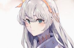  anastasia_(fate) blue_eyes blush cape closed_mouth commentary fate/grand_order fate_(series) female fur_trim grey_hair hairband highres jewelry long_hair looking_at_viewer pale_skin ponkan_8 portrait snow solo white_background 