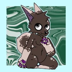  1:1 aliasing anthro black_nose blue_border border breasts brown_body brown_fur canid claws curled_tail digital_drawing_(artwork) digital_media_(artwork) featureless_breasts featureless_crotch female finger_claws flat_colors fur kneeling mammal mocha_(theenyface) navel nude pawpads purple_inner_ear purple_pawpads red_claws simple_background solo tail tan_body tan_fur theenyface 