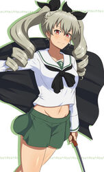  absurdres ada_badguy anchovy_(girls_und_panzer) blush breasts cape closed_mouth collarbone drill_hair female girls_und_panzer green_hair green_skirt hair_ribbon highres looking_at_viewer midriff miniskirt navel ooarai_school_uniform pleated_skirt red_eyes ribbon school_uniform skirt small_breasts solo twin_drills twintails 