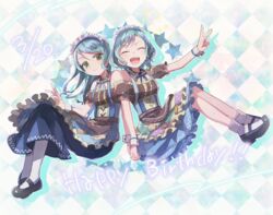  2girls :d ^_^ apron aqua_hair argyle_background bang_dream! black_footwear blue_ribbon blue_skirt braid closed_eyes commentary_request dated detached_sleeves frilled_skirt frilled_sleeves frills green_eyes happy_birthday hikawa_hina hikawa_sayo long_hair makino_(727me727) mary_janes multiple_girls neck_ribbon open_mouth pantyhose ribbon shoes short_hair short_sleeves siblings side_braids sisters skirt smile socks star_(symbol) twins v waist_apron white_legwear wrist_cuffs 