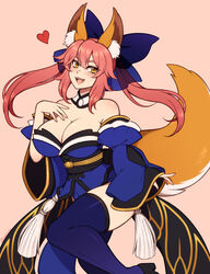  absurdres animal_ears bare_shoulders blue_bow blue_thighhighs blush bow breasts brown_eyes cleavage detached_sleeves fangs fate/grand_order fate_(series) female fox_ears fox_girl fox_tail hairbow heart highres large_breasts long_hair looking_at_viewer open_mouth pink_hair smile solo tail tamamo_(fate) tamamo_no_mae_(fate/extra) teeth the_scarlet_devil thighhighs twintails upper_teeth_only 