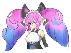  bad_id bad_twitter_id bare_shoulders bell black_bow blue_hair blunzed bow bowtie breasts cleo_(dragalia_lost) closed_mouth commentary cropped_torso detached_sleeves dragalia_lost expressionless female frilled_bow frills gradient_hair hairbow inactive_account large_breasts looking_at_viewer maid_headdress multicolored_hair purple_eyes purple_hair simple_background solo twintails upper_body white_background 