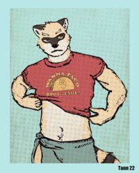  2022 anthro belly bjakery clothed clothing colored digital_media_(artwork) exposed_belly fur hi_res humor looking_away male mammal markings nick_saunders_(templar) partially_clothed procyonid pun raccoon raised_clothing raised_shirt raised_topwear shirt simple_background solo standing super-nova t-shirt tail tail_markings text text_on_clothing text_on_shirt text_on_topwear topwear yellow_body yellow_fur 