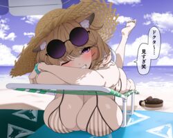  animal_ear_fluff animal_ears arknights barefoot beach beach_chair beach_towel beach_umbrella bikini blush breast_rest breasts breasts_on_table brown_hair cleavage cloud day eyewear_on_head feet female foreshortening grin hair_ornament hairclip hanging_breasts hat highres huge_breasts leg_up looking_at_viewer lying makino official_alternate_costume on_stomach one_eye_closed outdoors purple-tinted_eyewear purple_eyes round_eyewear sky smile soles solo speech_bubble straw_hat striped_bikini striped_clothes sunglasses sweat swimsuit tinted_eyewear towel translated umbrella utage_(arknights) utage_(summer_flowers)_(arknights) vertical-striped_bikini vertical-striped_clothes 