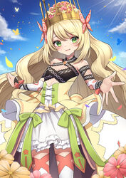  :d absurdres bare_shoulders blonde_hair blue_sky celine_(fire_emblem) cloud commentary cowboy_shot crown day dress female fire_emblem fire_emblem_engage green_eyes hako_momiji highres long_hair looking_at_viewer open_mouth outdoors petticoat pink_ribbon ribbon sky smile solo standing very_long_hair wrist_ribbon yellow_dress 