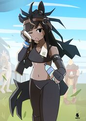  3girls absurdres animal_ears bare_legs black_hair black_legwear black_sports_bra blue_sky bottle breasts brown_thoroughbred_(kemono_friends) chestnut_thoroughbred_(kemono_friends) cloud commentary dark-skinned_female dark_skin day facing_viewer fingerless_gloves gloves headgear highres horse_ears horse_tail kemono_friends long_hair looking_at_viewer midriff multiple_girls navel one_eye_closed open_mouth outdoors pantyhose racetrack sky sports_bra sportswear sweat tail tommyyu4000 towel towel_around_neck water_bottle white_hair white_legwear white_thoroughbred_(kemono_friends) wiping_sweat 