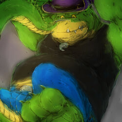  1:1 2022 alligator alligatorid anthro belly bottomwear brok_(brok_the_investigator) brok_the_investigator clothing cowcat_games crocodilian green_body hat headgear headwear kemono laohu male overweight overweight_male pants reptile scalie shirt solo topwear 