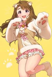  ahoge animal_ear_fluff animal_ears animal_hands bell blush brown_hair cat_ears cat_paws emu_(emum) female fur-trimmed_shirt fur_trim gloves hands_up idolmaster idolmaster_million_live! idolmaster_million_live!_theater_days long_hair looking_at_viewer md5_mismatch miyao_miya neck_bell neck_ribbon open_mouth paw_gloves paw_print paw_print_background paw_shoes pink_ribbon pink_skirt resolution_mismatch ribbon shirt shoes simple_background skirt smile solo source_larger teeth thick_eyebrows thighs tongue upper_teeth_only yellow_background 