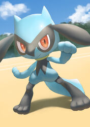  closed_mouth cloud commentary_request day highres legs_apart looking_at_viewer outdoors pokemon pokemon_(creature) purobe red_eyes riolu sky smile solo standing toes 