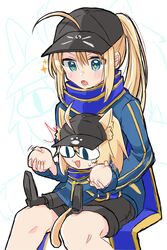  +_+ 2girls ahoge animal_ear_fluff animal_ears artoria_pendragon_(fate) baseball_cap black_footwear black_headwear black_shorts blue_eyes blue_scarf boots cat_ears cat_tail commentary_request fate/grand_carnival fate_(series) hat highres invisible_chair jacket kokumosu multiple_girls mysterious_heroine_x_(fate) mysterious_neko_x neco_spirit projected_inset rojiura_satsuki:_chapter_heroine_sanctuary scarf shorts sidelocks simple_background sitting sitting_on_lap sitting_on_person slit_pupils sparkle sweatdrop tail track_jacket white_background 