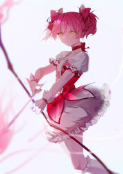  absurdres ahivemind arrow_(projectile) bow bow_(weapon) choker closed_mouth female floating_hair frilled_socks frills gloves hairbow highres holding holding_arrow holding_bow_(weapon) holding_weapon kaname_madoka kaname_madoka_(magical_girl) kneehighs long_hair magical_girl mahou_shoujo_madoka_magica mahou_shoujo_madoka_magica_(anime) miniskirt pink_hair red_bow red_choker skirt socks solo weapon white_background white_gloves white_skirt white_socks yellow_eyes 