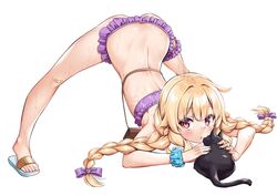  :o @ichigo armpits ass back bag bandaid bandaid_on_knee bandaid_on_leg bare_legs bare_shoulders bikini black_cat blonde_hair blue_scrunchie bow braid bridal_garter butt_crack chestnut_mouth feet feline female frilled_bikini frills full_body hairbow handbag hands_on_ground highres jack-o&#039;_challenge little_witch_nobeta long_hair looking_at_viewer nobeta official_alternate_costume official_art parted_lips phyllis_(cat)_(little_witch_nobeta) phyllis_(little_witch_nobeta) purple_bikini purple_bow red_eyes sandals scrunchie simple_background solo spread_legs swimsuit toes top-down_bottom-up twin_braids twintails wet white_background wide_spread_legs wrist_scrunchie 