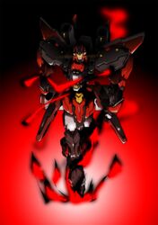  clenched_hands crossed_legs glowing glowing_eyes gradient_background granvang highres mecha no_humans robot science_fiction solo super_robot super_robot_wars super_robot_wars_v walking yellow_eyes zzz_sakaz 