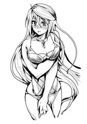  bikini blush breasts cleavage embarrassed female floating_hair greyscale jewelry large_breasts long_hair looking_to_the_side monochrome narigaya necklace nose_blush shizuki_shizukawa solo super_robot_wars super_robot_wars_x-omega swimsuit very_long_hair white_background 