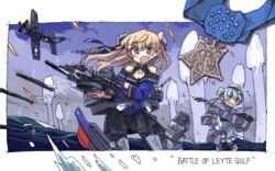  2girls aircraft aqua_hair black_gloves black_skirt blue_skirt border breasts cleavage cloud commentary_request day double_bun english_text flying_sweatdrops garter_straps gloves hair_bun hair_ribbon hat headgear johnston_(kancolle) jura_cambri kantai_collection light_brown_hair little_blue_whale_(kancolle) long_hair medal multiple_girls open_mouth outdoors ribbon rigging sailor_collar samuel_b._roberts_(kancolle) short_hair single_glove skirt star_(symbol) thigh_strap torpedo two_side_up united_states_medal_of_honor water white_border 