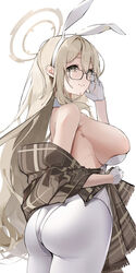  absurdres akane_(blue_archive) akane_(bunny)_(blue_archive) animal_ears ass black-framed_eyewear blue_archive breasts brown_shawl chinese_commentary commentary detached_collar fake_animal_ears fangwan female glasses gloves halo highres holding_shawl huge_ass large_breasts leotard light_brown_hair long_hair looking_at_viewer looking_to_the_side official_alternate_costume pantyhose playboy_bunny rabbit_ears rectangular_eyewear shawl sideboob simple_background skindentation smile solo strapless strapless_leotard very_long_hair white_gloves white_leotard white_pantyhose 