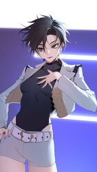  bad_id bad_twitter_id belt black_hair black_leotard blue_eyes blue_nails breasts commentary cowboy_shot female fingernails hair_between_eyes hand_on_own_chest hand_on_own_hip hand_up highres jacket keishi_(shining_star) leotard leotard_under_clothes long_sleeves medium_breasts microphone nail_polish ohisashiburi open_mouth purple_nails shining_star short_hair short_shorts shorts solo tomboy white_belt white_jacket white_shorts 