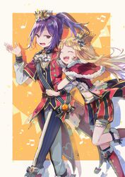  2girls :d ^_^ arm_hug ascot bang_dream! belt blonde_hair boots bow brooch capelet clenched_hand closed_eyes commentary_request crown earrings fur-trimmed_capelet fur_trim hand_up jewelry long_hair makino_(727me727) midriff multiple_girls musical_note navel open_mouth orange_background pants ponytail purple_eyes red_capelet red_eyes red_footwear ribbon sash seta_kaoru shorts sidelocks smile standing standing_on_one_leg string_of_flags striped_bow striped_clothes striped_pants striped_ribbon striped_shorts tsurumaki_kokoro walking white_ascot 