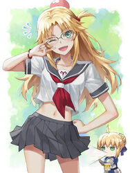  2girls artoria_pendragon_(fate) blonde_hair blush breasts commentary fate/apocrypha fate/stay_night fate_(series) glasses green_eyes head_bump highres injury long_hair looking_at_viewer mordred_(fate) mordred_(fate/apocrypha) multiple_girls navel neckerchief oerba_yun_fang one_eye_closed open_mouth parted_bangs saber_(fate) sailor_collar school_uniform serafuku shirt sidelocks skirt small_breasts smile spit_take spitting thighs tonee translated white_shirt 