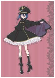  black_dress black_footwear black_headwear blue_eyes blue_hair boots border capelet cosplay dress female frilled_dress frills gloves hat high_heels highres inui_sajuna lace lace_border military_hat nikaidou_shion nikaidou_shion_(cosplay) nishihara_erika official_art ornate_border peaked_cap sono_bisque_doll_wa_koi_wo_suru white_gloves 