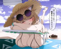  animal_ear_fluff animal_ears arknights barefoot beach beach_chair beach_towel beach_umbrella bikini blush breast_rest breasts breasts_on_table brown_hair cleavage closed_eyes cloud day eyewear_on_head feet female foreshortening hair_ornament hairclip hanging_breasts hat highres huge_breasts leg_up lying makino oerba_yun_fang official_alternate_costume on_stomach open_mouth outdoors purple-tinted_eyewear round_eyewear skin_fang sky soles solo speech_bubble straw_hat striped_bikini striped_clothes sunglasses sweat swimsuit tinted_eyewear towel translated umbrella utage_(arknights) utage_(summer_flowers)_(arknights) vertical-striped_bikini vertical-striped_clothes 