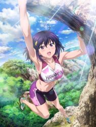  :d ahoge armpits bike_shorts breasts brown_eyes cleavage cliff collarbone day female foreshortening gym_uniform hair_ornament highres iwakakeru!_sport_climbing_girls kasahara_konomi lens_flare light_rays medium_breasts medium_hair midriff multicolored_footwear navel official_art open_mouth outdoors purple_hair rock rock_climbing smile solo sports_bra toned tree watanabe_yoshihiro 