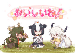  3girls :3 all_fours alt_text animal_ears animal_print aurochs_(kemono_friends) bare_shoulders bell black_hair black_legwear black_skirt blush bow bowtie brown_bow camouflage camouflage_shirt camouflage_skirt closed_eyes collar commentary_request cow_ears cow_girl cow_print cow_tail da_(bobafett) dress eating elbow_gloves extra_ears frilled_skirt frills gloves grass green_hair green_sleeves hair_bun hair_over_one_eye highres holstein_friesian_cattle_(kemono_friends) kemono_friends kemono_friends_3 long_dress long_hair long_sleeves multicolored_hair multiple_girls neck_bell necktie orange_bow orange_necktie ox_ears ox_girl ox_horns pantyhose pencil_skirt pleated_skirt print_gloves print_pantyhose print_shirt red_necktie seiza shirt short_hair short_sleeves single_hair_bun sitting skirt sleeveless t-shirt tail tail_bell tail_bow tail_ornament tank_top thighhighs translated twintails two-tone_hair white_dress white_gloves white_hair yak_(kemono_friends) yellow_shirt zettai_ryouiki 