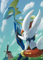  bright_pupils cinderace cloud commentary_request day grass hand_up highres inteleon open_mouth outdoors pokemon pokemon_(creature) purobe red_eyes sitting sky standing white_pupils windmill yellow_eyes 