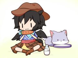  animal animal_ears bare_shoulders black_eyes black_hair blue_dress blue_neckwear blue_scarf boots bottle brown_dress brown_footwear brown_headwear carrot chibi closed_mouth colored_skin cowboy_hat dress eating female food gomashio_(goma_feet) grey_skin hair_between_eyes hands_up hat horse_ears horse_tail kurokoma_saki looking_to_the_side lowres lying milk multicolored_clothes multicolored_dress off_shoulder pink_dress plaid plaid_dress plait puffy_short_sleeves puffy_sleeves scarf short_hair short_sleeves sitting spirit tail touhou vegetable white_background white_skin wings wolf wolf_ears wolf_spirit_(touhou) wolf_tail yellow_background yellow_dress 