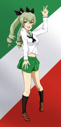  absurdres ada_badguy anchovy_(girls_und_panzer) blush breasts drill_hair female flag_background full_body girls_und_panzer green_hair hair_ribbon highres italian_flag long_hair medium_breasts midriff miniskirt navel ooarai_school_uniform open_mouth pleated_skirt red_eyes ribbon school_uniform simple_background skirt smile solo standing twin_drills twintails w 