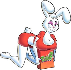  anthro big_breasts breasts cereal_box clothed clothing eyeshadow female fur general_mills head_tuft lagomorph leporid looking_at_viewer makeup mammal mascot midriff pamvllo rabbit rule_63 simple_background smile solo trix trix_rabbit tuft white_body white_fur 