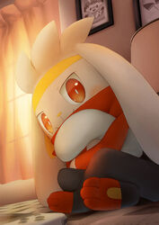  blush bright_pupils closed_mouth commentary_request curtains from_below furry highres indoors looking_at_viewer photo_(object) pokemon pokemon_(creature) purobe raboot red_eyes scorbunny sitting smile toes white_pupils 