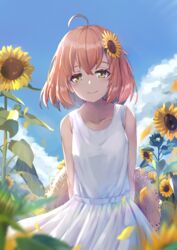  absurdres ahoge aka_(440626) arms_behind_back bare_arms blue_sky blush bob_cut closed_mouth cloud day dress female field flower flower_field green_eyes hair_between_eyes hair_flower hair_ornament hat highres honma_himawari looking_at_viewer medium_hair nijisanji orange_hair outdoors petals sky sleeveless sleeveless_dress smile solo standing straight_hair straw_hat sundress sunflower sunflower_field sunflower_hair_ornament unworn_hat unworn_headwear virtual_youtuber white_dress yellow_flower 