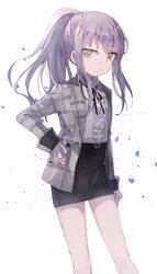  bang_dream! belt black_ribbon black_skirt center_frills commentary_request female frilled_sleeves frills frown grey_hair grey_jacket hand_on_own_hip jacket long_hair long_sleeves looking_at_viewer makino_(727me727) minato_yukina miniskirt neck_ribbon pencil_skirt petals plaid plaid_jacket ponytail ribbon shirt sidelocks skirt solo v-shaped_eyebrows white_background white_shirt yellow_eyes 