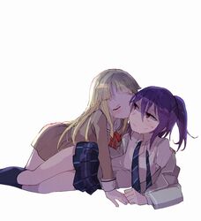  2girls bang_dream! blonde_hair blue_neckwear blue_skirt blush brown_dress closed_eyes collared_shirt commentary_request cowgirl_position dress grey_jacket hair_between_eyes hanasakigawa_school_uniform haneoka_school_uniform jacket kissing kissing_cheek long_hair long_sleeves lying makino_(727me727) miniskirt multiple_girls neck_ribbon necktie on_side plaid plaid_skirt pleated_skirt ponytail red_eyes red_ribbon ribbon sailor_dress school_uniform seta_kaoru shirt sidelocks skirt sweatdrop tsurumaki_kokoro u_u undone_necktie v-shaped_eyebrows white_background white_shirt yuri 