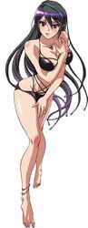  anklet barefoot bikini black_bikini black_hair blue_hair blush breasts cleavage covering_body embarrassed female hair_between_eyes jewelry kouno_sachiko leaning_forward long_hair looking_at_viewer medium_breasts multicolored_hair official_art red_eyes shizuki_shizukawa solo streaked_hair super_robot_wars super_robot_wars_x-omega swimsuit very_long_hair white_background 