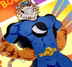  2022 abs anthro belt blonde_hair blue_clothing blue_eyes cat_n1p catn1p clothed clothing costume detailed detailed_background digital_media_(artwork) felid fully_clothed fur grin hair hi_res male mammal markings mask muscular muscular_male nipple_outline orange_body orange_fur pantherine pecs smile solo spandex standing super-nova superfang superhero tail tail_markings teeth tiger tight_clothing vince_(super-nova) 