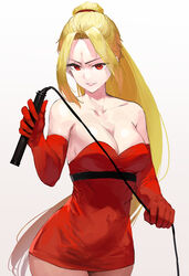  bad_id bad_pixiv_id bare_shoulders blonde_hair breasts cleavage collarbone commentary_request covered_navel dress elbow_gloves female forehead gloves highres holding holding_whip large_breasts long_hair ponytail red_dress red_eyes red_gloves short_dress shynesslady solo star_ocean star_ocean_the_second_story strapless strapless_dress tark_(318) very_long_hair whip white_background 