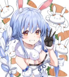  animal_ear_fluff animal_ears black_gloves blue_hair blue_ribbon blush bow bra braid breasts cleavage detached_sleeves don-chan_(usada_pekora) dress eyebrows_hidden_by_hair female food-themed_background fur_trim gloves grin ha_en hair_between_eyes hairbow highres hololive long_hair looking_at_viewer multicolored_hair orange_eyes pekomon_(usada_pekora) pom_pom_(clothes) puffy_short_sleeves puffy_sleeves rabbit-shaped_pupils rabbit_background rabbit_ears rabbit_girl ribbon short_sleeves sidelocks simple_background small_breasts smile solo symbol-shaped_pupils twin_braids twintails two-tone_hair underwear upper_body usada_pekora usada_pekora_(1st_costume) v virtual_youtuber white_background white_bow white_dress white_hair 