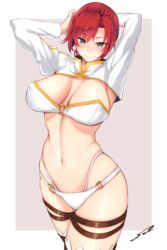  armpits arms_behind_head arms_up bikini blush boudica_(fate) breasts cleavage commentary_request fate/grand_order fate_(series) female fue_(rhomphair) green_eyes highleg highleg_bikini highres juliet_sleeves large_breasts long_sleeves looking_at_viewer navel o-ring puffy_sleeves red_hair short_hair short_ponytail shrug_(clothing) smile solo swimsuit thigh_strap thighs white_bikini 