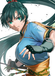  breasts clenched_teeth delsaber dress earrings female fighting_stance fingerless_gloves fire_emblem fire_emblem:_the_blazing_blade gloves green_eyes green_hair high_ponytail highres holding holding_sword holding_weapon jewelry katana large_breasts long_hair looking_at_viewer lyn_(fire_emblem) open_mouth ponytail scratches simple_background solo sword teeth very_long_hair weapon white_background 