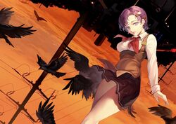  bad_id bad_twitter_id bird black_skirt blue_eyes breasts building cityscape collared_shirt crow dusk expressionless falling feet_out_of_frame female hair_ornament hairclip heterochromia highres looking_at_viewer may_(2747513627) medium_breasts neck_ribbon pleated_skirt power_lines purple_eyes purple_hair red_ribbon ribbon sayonara_wo_oshiete shirt short_hair skirt solo takada_nozomi twilight underbust upside-down utility_pole vest white_shirt 