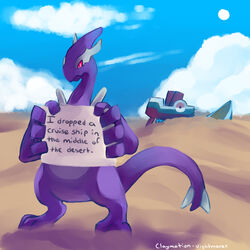  blue_sky claymation-nightmares cloud cloudy_sky commentary day desert english_commentary english_text highres holding lugia outdoors pet_shaming pokemon pokemon_(creature) pokemon_xd shadow_lugia sky solo standing tumblr_username 