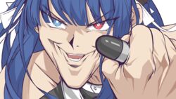  azur_lane blue_eyes blue_hair chinese_commentary commentary_request creepy_chin_joey_wheeler_(meme) female hair_ornament heaven&#039;s_melody heterochromia holding ibuki_(azur_lane) meme mixed-language_commentary open_mouth portrait red_eyes smile solo yu-gi-oh! yu-gi-oh!_duel_monsters 